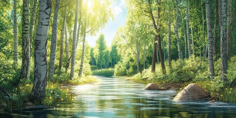 Obraz premium A vibrant stream flowing through a sunlit forest landscape