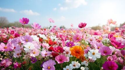 Obraz premium A colorful field of wildflowers bursts with life and joy under a bright summer sky. Sunbeams create a soft glow, enhancing the warmth of the scene