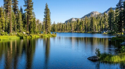 Obraz premium Serene mountain lake reflecting trees and sky.