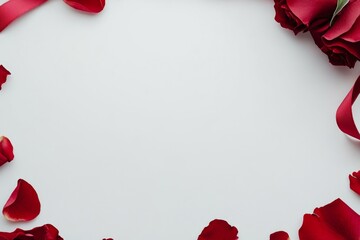 Red rose petals and ribbon frame on white background