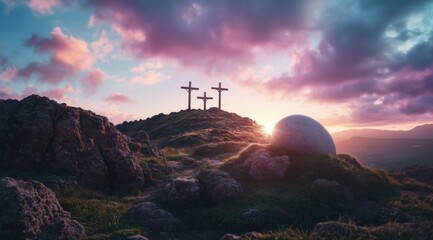 Crosses atop a hill at sunset with dramatic clouds and a large stone in foreground