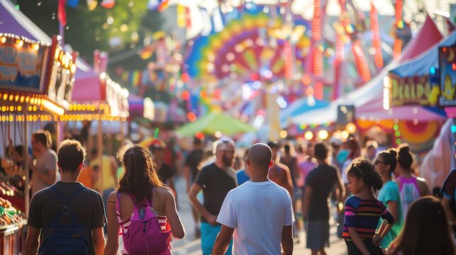 A large crowd of people is walking through a fairground. There are colorful lights and carnival rides in the background.