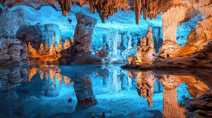 Stunning cave with reflections in still water.