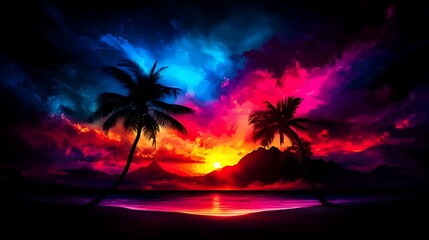 Obraz premium Vibrant Tropical Sunset with Palm Trees, and Beach Paradise.