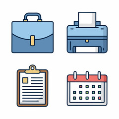 Design a vector icon pack featuring bold-stroke office icons.  Include icons for computer, phone, document,  file,  calendar,  etc.  High resolution, clean style.