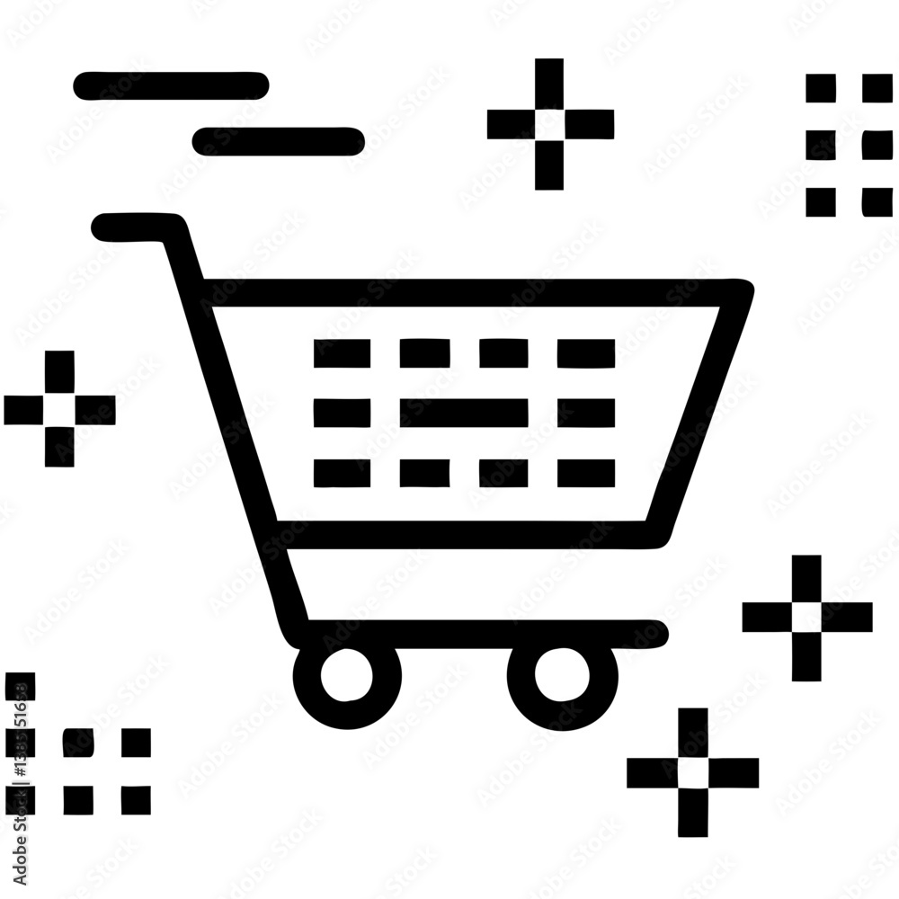 Poster a fast shopping cart speeding towards effortless online purchases with bold black lines and pixelate