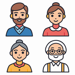 Fototapeta premium Design a vector icon pack featuring bold stroke avatars of diverse people, showcasing various ages, genders, and ethnicities. Include multiple expressions.