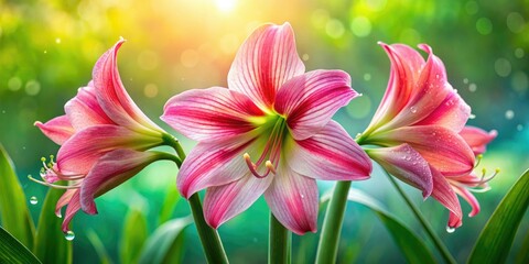 Fototapeta premium Spring's arrival: Amaryllis's bold pink blooms, captured in stunning macro photography, a floral still life.