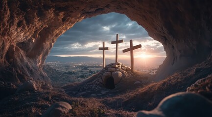 Three crosses stand on a hill at sunset, viewed from a cave with a serene landscape in the background