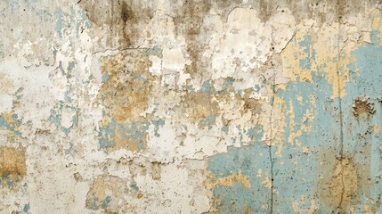 Weathered wall texture with peeling paint in blue, beige, and white.