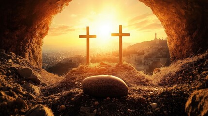Symbolic representation of resurrection with two crosses at sunrise in a cave overlooking a city