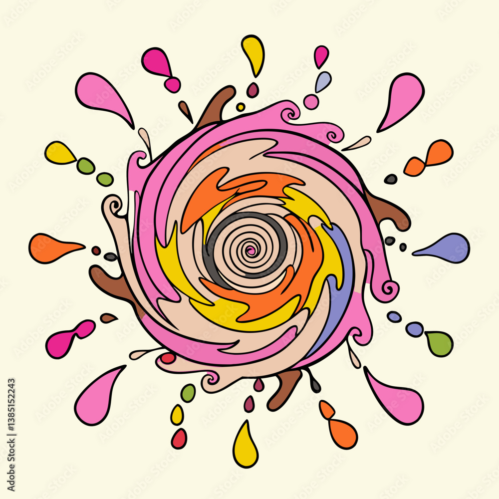 Poster a vibrant swirl of joyful colors exploding outwards in a dynamic, playful burst of energy with a cen