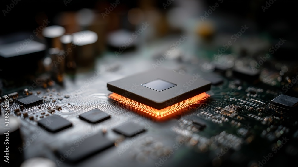 Poster Focus on a glowing central CPU surrounded by micro components and sleek circuit traces on a darkened board, emphasizing advanced technology and design