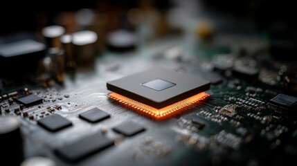 Focus on a glowing central CPU surrounded by micro components and sleek circuit traces on a darkened board, emphasizing advanced technology and design