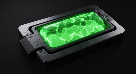 Sci-Fi Metal Container Holding Glowing Green Energy Substance, Futuristic Technology Concept, Scientific Experiment, Isolated on Black Background