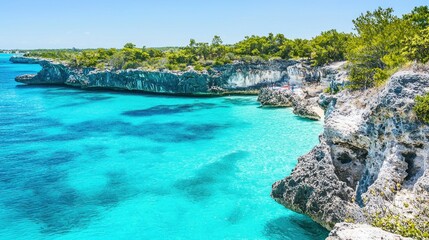 Fototapeta premium Turquoise ocean, rocky coast, tropical beach.