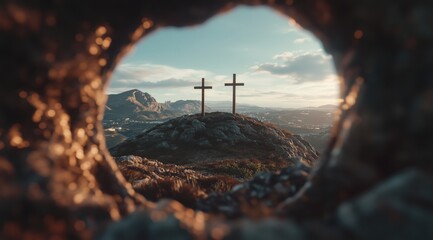 Dramatic view of two crosses on a hill captured through a rocky arch at sunrise in a serene landscape