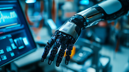 An AI powered smart prosthetic hand with adaptive grip technology, high-tech rehabilitation lab with real-time biometric feedback screens, Advanced healthcare style
