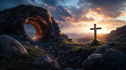 Beautiful sunrise over a rocky cave with a cross at the entrance in a serene landscape
