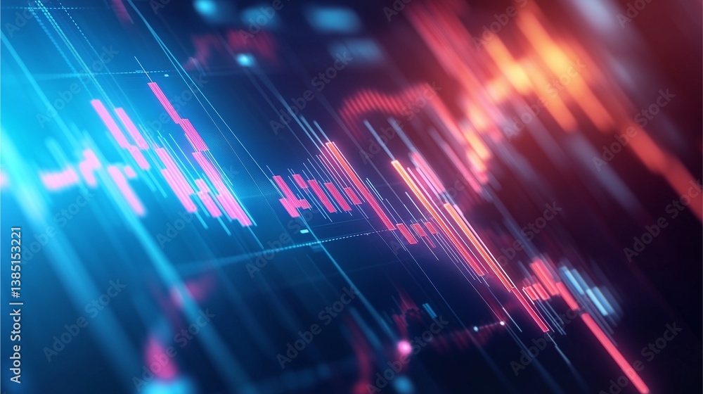 Poster financial chart visualization: abstract representation of market trends and data, using dynamic ligh