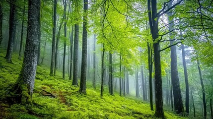 Obraz premium Misty forest scene with lush green foliage and tall trees.