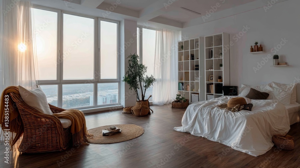 Poster soft linens adorn the neatly made bed while a reading chair invites relaxation beside a large window