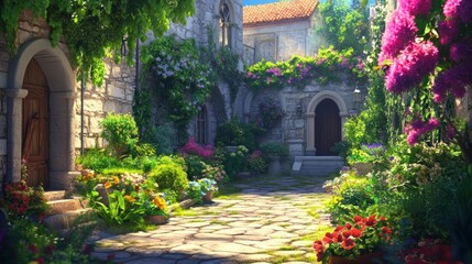 Naklejka premium Sunlit Italian Courtyard Garden, Flowers, Stone Walls, Travel Brochure