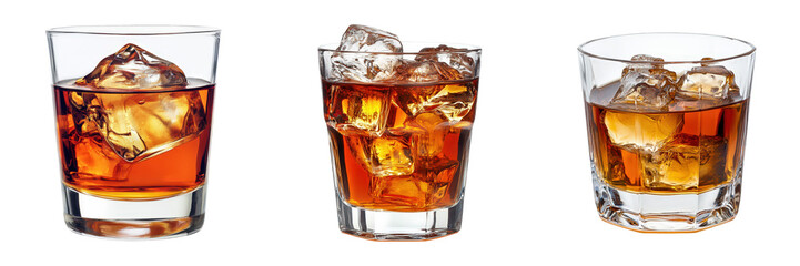Three glasses of amber whiskey on the rocks.