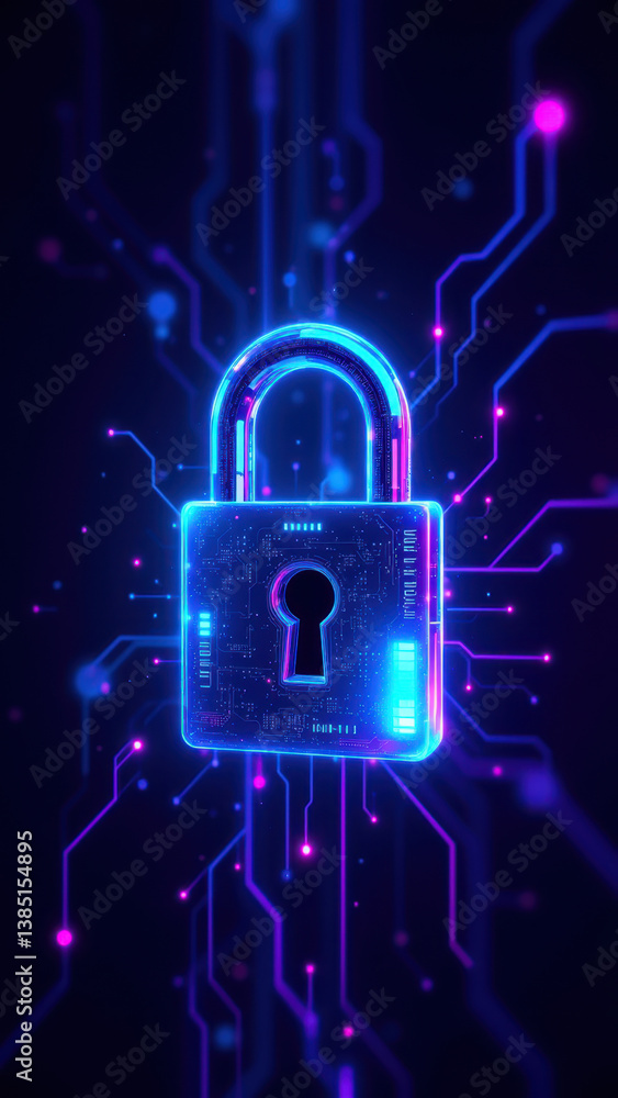 Poster cybersecurity digital lock floating on network.