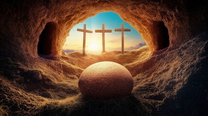 Symbolic representation of resurrection with three crosses and an egg at sunrise in an earthly cave setting