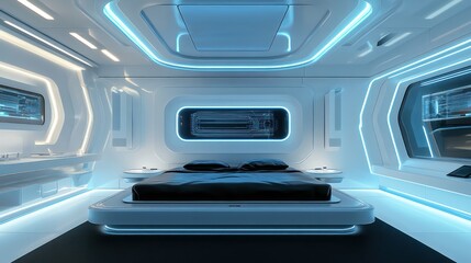 Futuristic white bedroom interior with blue accents