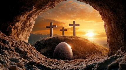 Sunrise over a hill with three crosses and an egg nestled in a cave