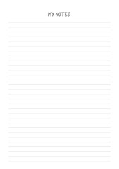 MY NOTES blank sheet of paper with straight parallel lines on white isolated background. Vector illustration.