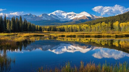 Majestic mountain reflected in calm autumn lake.