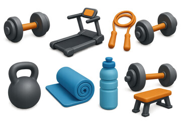 3d gym equipment icons: dumbbells, treadmill, jump rope, kettlebell, yoga mat, water bottle