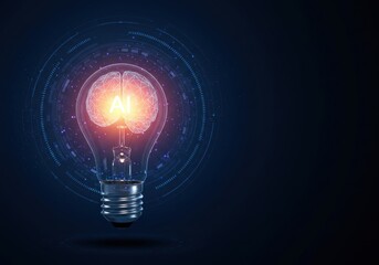 Illuminated ai brain glowing inside a lightbulb, a symbol of modern technological innovation.