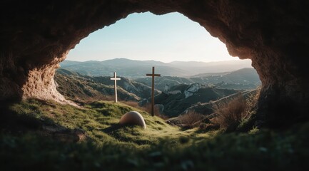 View of two crosses from cave overlooking rolling hills during golden hour