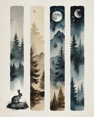 This illustration portrays a rabbit surrounded by tall, shadowy trees.