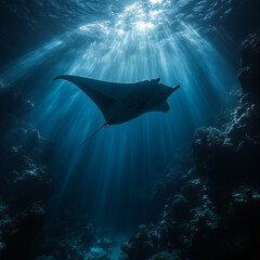 A serene underwater scene with a lone manta ray soaring above the ocean floor