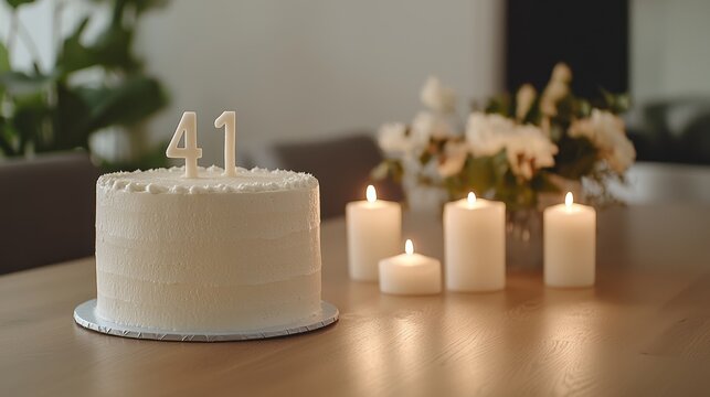 Elegant Minimalist Home Celebration with 41st Birthday Cake and Candlelight for Special Moments