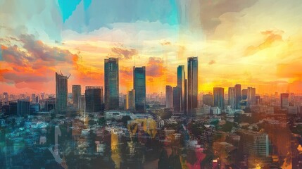 Cityscape sunset panorama, aerial view, vibrant colors, urban development, website banner