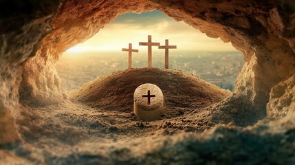 View of three crosses on a hilltop with a stone in a cave during sunset