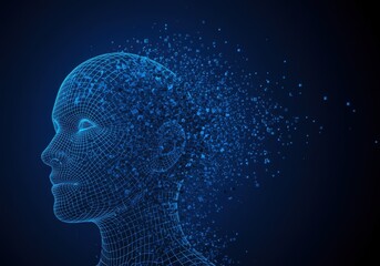 A blue wireframe human head morphing into scattered digital cubes, representing ai.