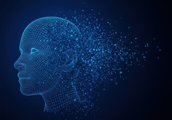 Obraz premium A striking depiction of a digital wireframe head with disintegrating fragments, on a blue backdrop.