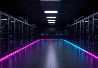 Fototapeta premium An impressive, neon-lit data center reveals rows of servers, essential for modern computing.