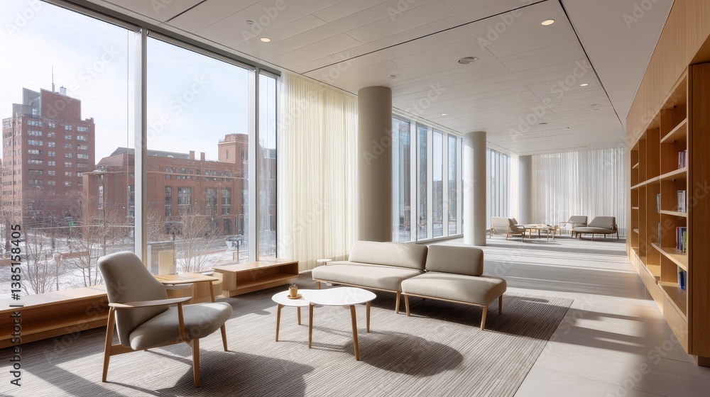 Aufkleber warmly lit lounge area showcases a reading nook with stacked books and comfortable furniture, inviti