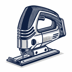 Create a bold, vector illustration of a cordless jigsaw, emphasizing its powerful motor and ergonomic design.  Include detailed linework and strong contrasts.
