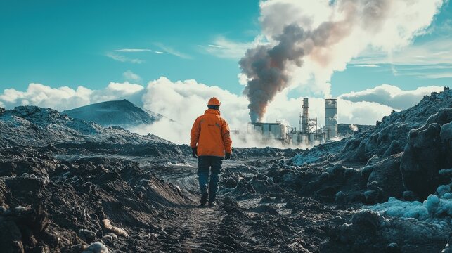 a person walking away from a factory with smoke coming out of it.  - Powered by Adobe