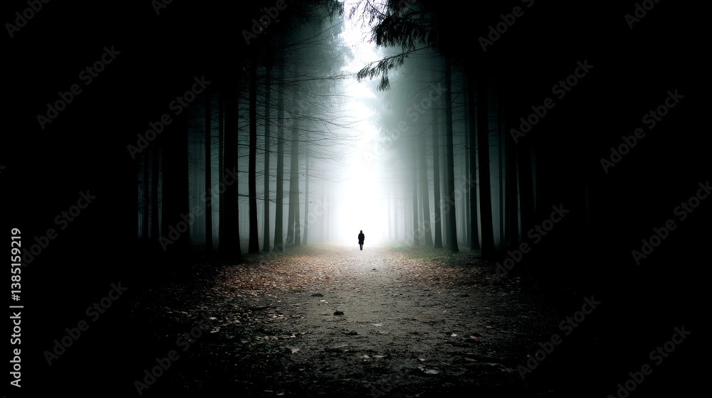 Aufkleber a dark forest path under a faint moonlight shows fog gently billowing between towering trees with a 