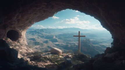 Cross stands at the entrance of a cave overlooking a vast landscape under a bright sky